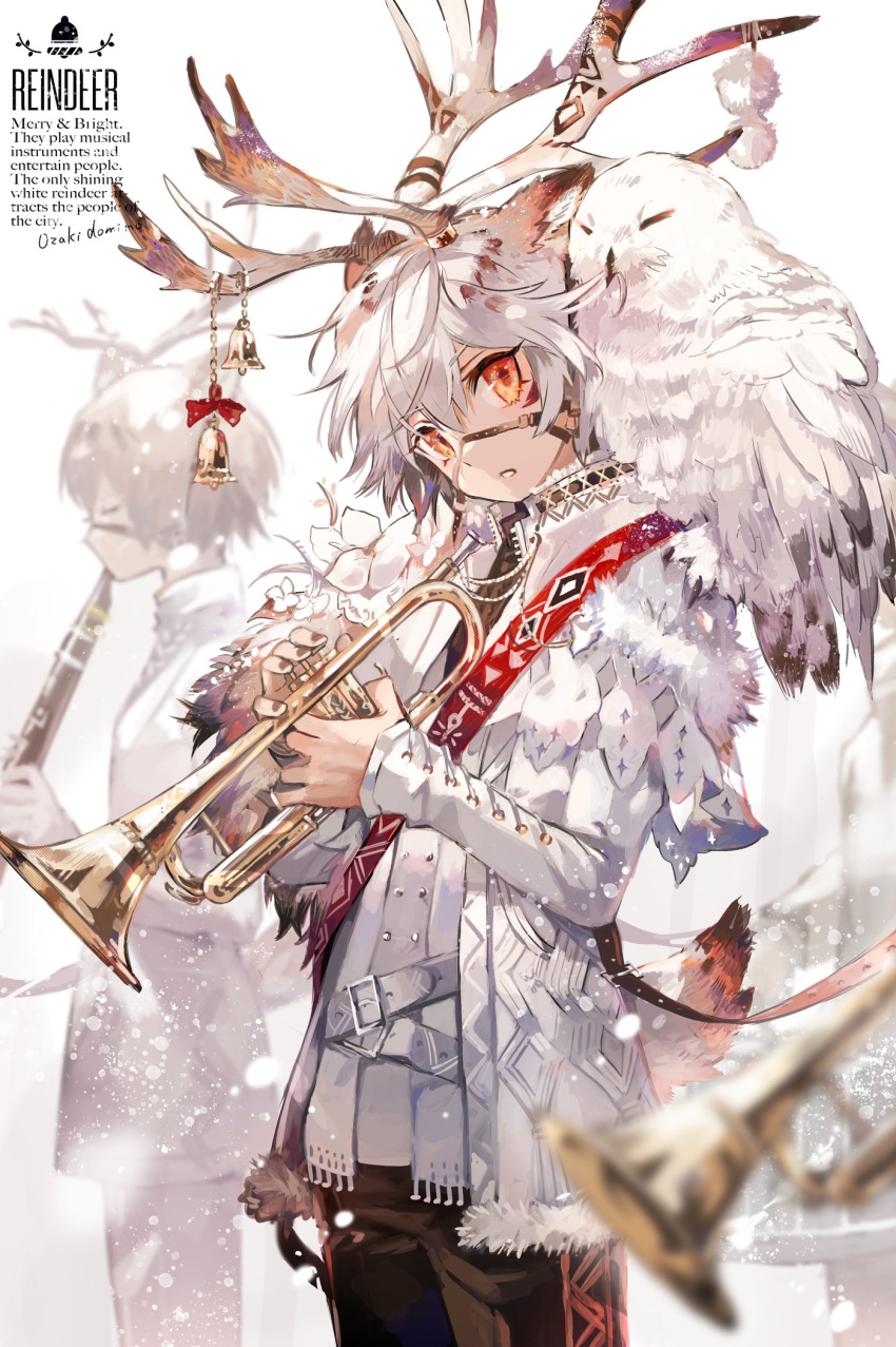 2boys, animal_ears, antlers, bell, belt, bird, brown_pants, flower