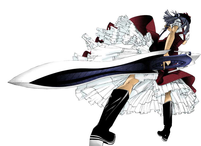 blue_hair, bonnet, colored, dress, dual_wielding, dutch_angle, frills, from_behind