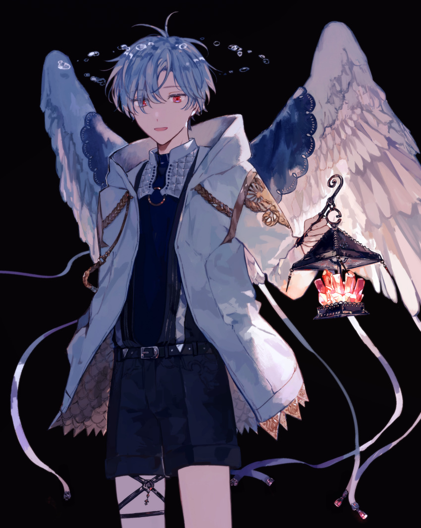 1boy, absurdres, angel_wings, black_background, black_shorts, blue_hair, hand_in_pocket, harness, highres, holding_lantern, jacket, lantern, male_focus, nnmy_itp0, open_mouth, original, red_eyes, shorts, solo, water, white_jacket, wings