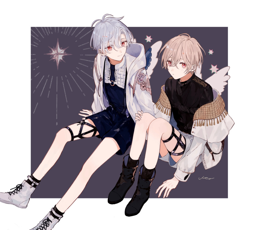 2boys, absurdres, angel, angel_wings, bangs, bishounen, black_footwear, black_legwear
