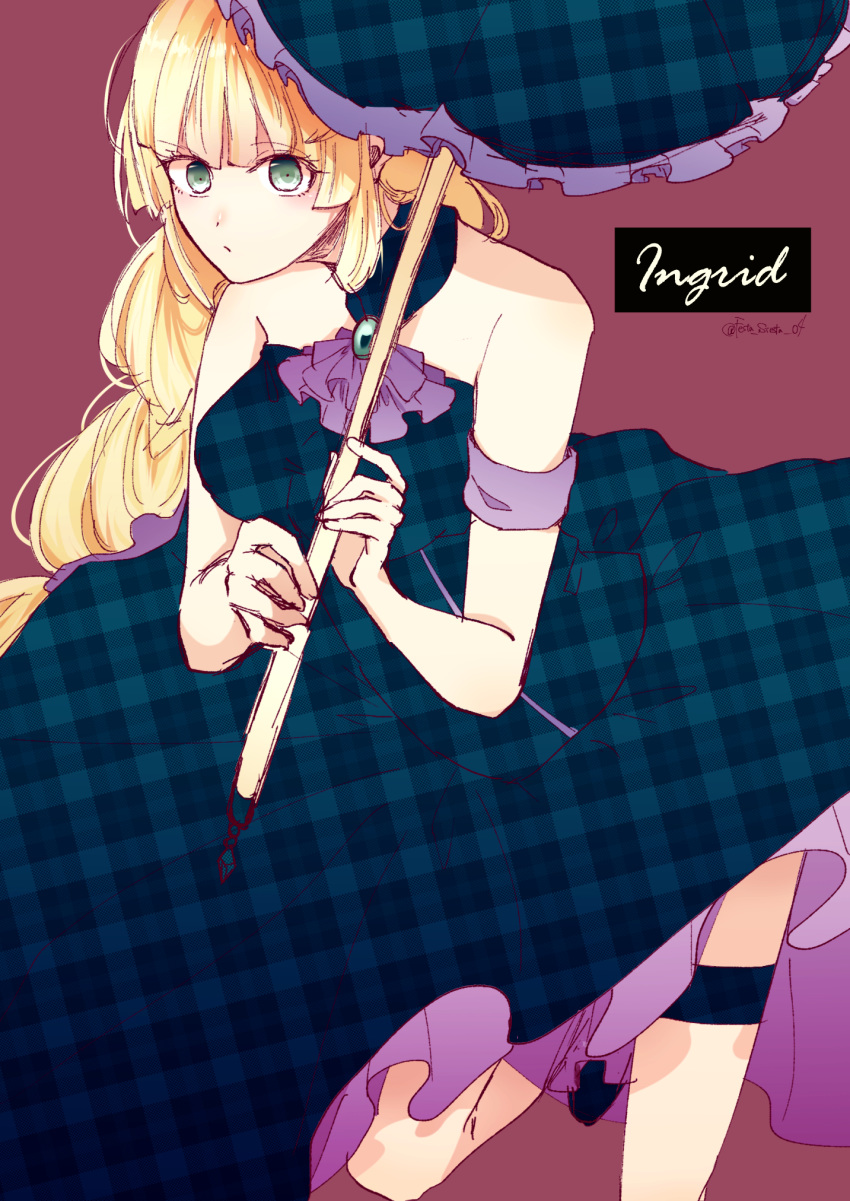1girl, alternate_costume, blonde_hair, breasts, checkered, checkered_dress, dress, fire_emblem, fire_emblem:_three_houses, green_eyes, highres, holding, ingrid_brandl_galatea, leg_garter, long_hair, looking_at_viewer, siesta_festival, sleeveless, sleeveless_dress, solo, umbrella, very_long_hair