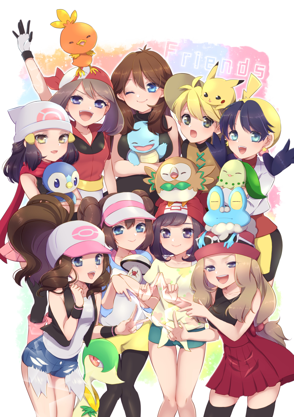 beanie, black_hair, blonde_hair, blue_(pokemon), blue_eyes, blue_hair, blush, breasts