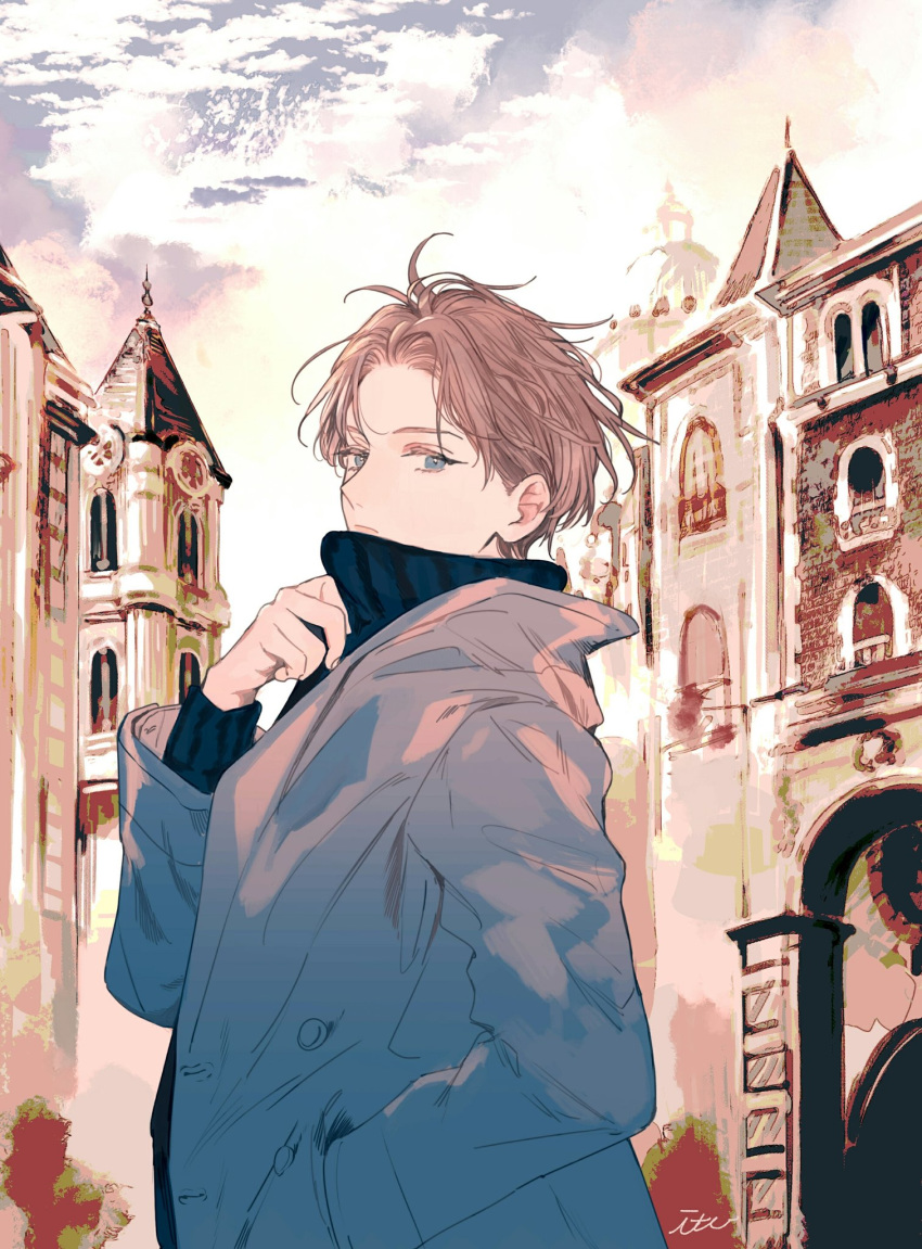 1boy, black_sweater, blue_eyes, blue_jacket, brown_hair, building, hand_in_pocket, highres