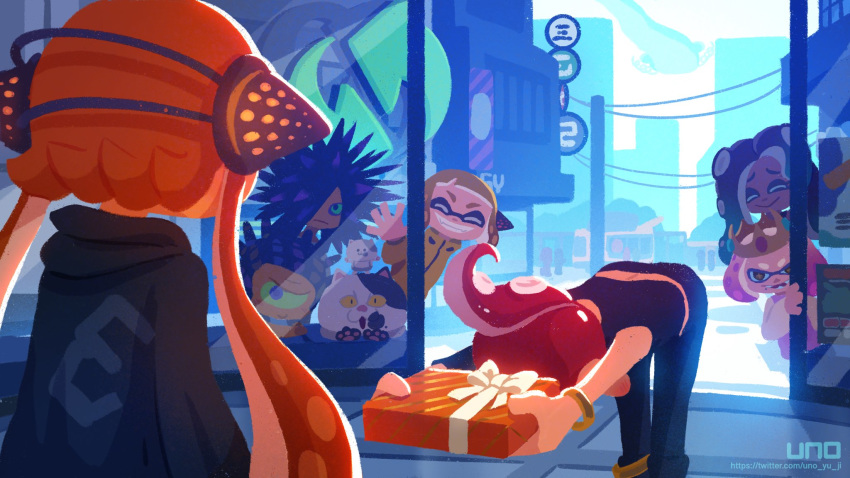 3boys, 4girls, animal_on_head, black_hair, black_pants, black_shirt, bowing, cape