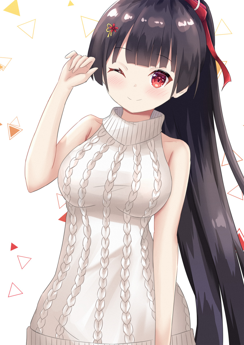 1girl, agano_(azur_lane), agano_(dating_game?)_(azur_lane), aran_sweater, azur_lane, bare_shoulders, black_hair, blush