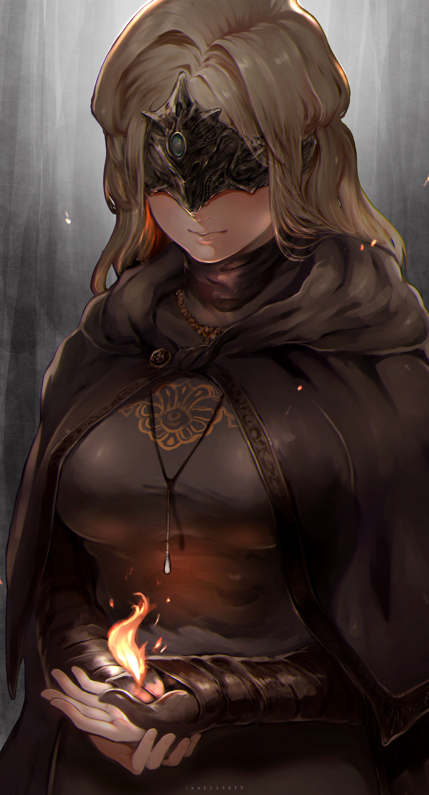 1girl, absurdres, arm_wrap, black_dress, blonde_hair, breasts, cloak, covered_eyes