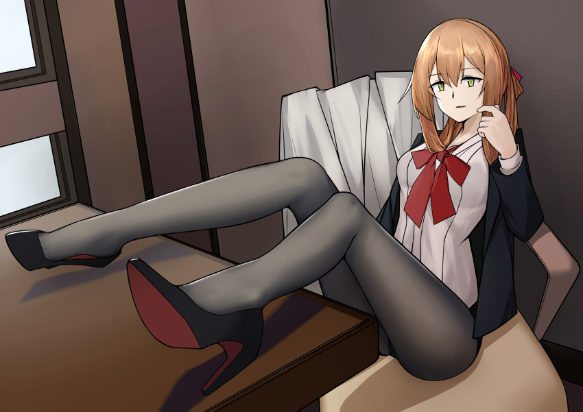 1girl, absurdres, black_footwear, black_legwear, blazer, bow, chair, girls_frontline