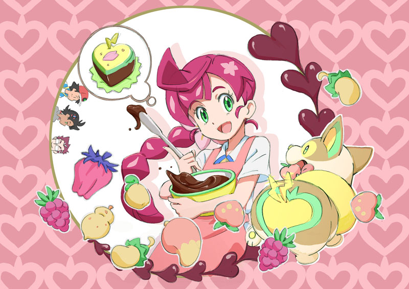 1girl, 3boys, apron, baseball_cap, black_hair, braid, chocolate, dark_skin, dark_skinned_male, eyelashes, gen_8_pokemon, glasses, gou_(pokemon), green_eyes, hat, heart, heart_background, mago_berry, mixing_bowl, multiple_boys, official_art, opaque_glasses, open_mouth, patterned_background, pecha_berry, pink_background, pink_hair, pokemon, pokemon_(anime), pokemon_(creature), pokemon_swsh_(anime), purple_hair, razz_berry, rectangular_eyewear, sakuragi_(pokemon), sakuragi_koharu, satoshi_(pokemon), short_sleeves, shuca_berry, single_braid, sitrus_berry, solo_focus, tail_wagging, valentine, wacan_berry, yamper, yasuda_shuuhei
