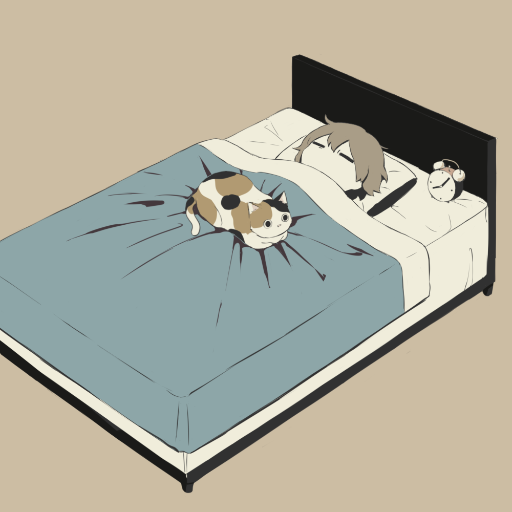 1boy, alarm_clock, analog_clock, animal, avogado6, bangs, bed, bed_sheet, blanket, brown_hair, calico, cat, cat_loaf, cat_on_person, clock, closed_eyes, hair_between_eyes, indoors, lying, male_focus, muted_color, no_mouth, no_nose, on_back, original, pillow, sleeping, tan_background