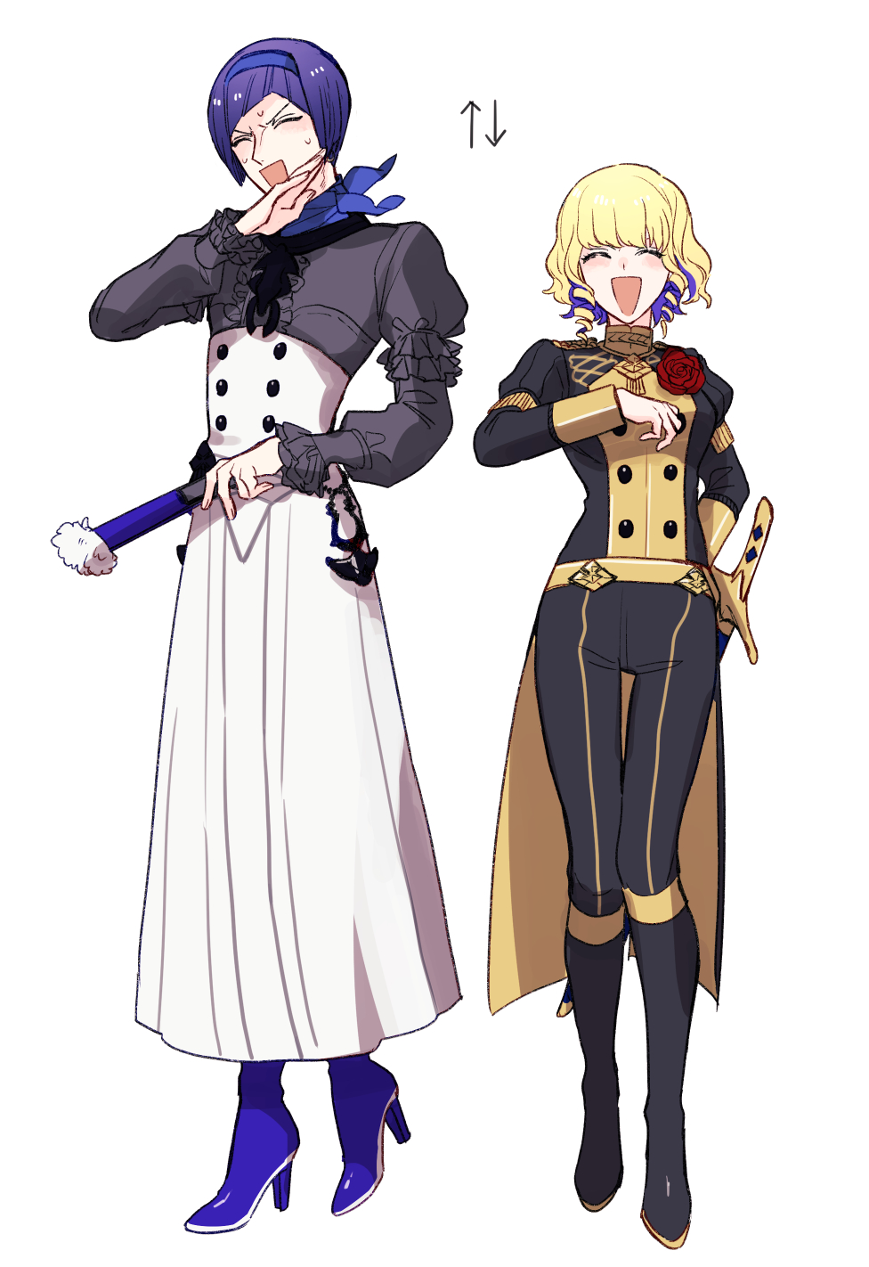 1boy, 1girl, blonde_hair, blue_hairband, boots, closed_eyes, constance_von_nuvelle, constance_von_nuvelle_(cosplay), cosplay, dosukoi_daishogun, fan, fire_emblem, fire_emblem:_three_houses, flower, garreg_mach_monastery_uniform, hairband, high_heels, highres, holding, knee_boots, long_sleeves, lorenz_hellman_gloucester, lorenz_hellman_gloucester_(cosplay), multicolored_hair, open_mouth, pants, purple_hair, scabbard, sheath, sheathed, short_hair, simple_background, sword, uniform, weapon, white_background
