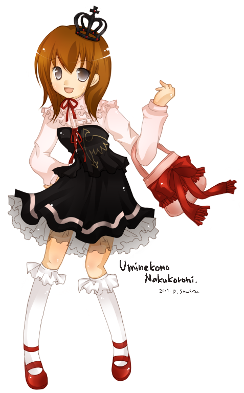 brown_hair, crown, frills, grey_eyes, handbag, hat, skirt, sumisu_rinju