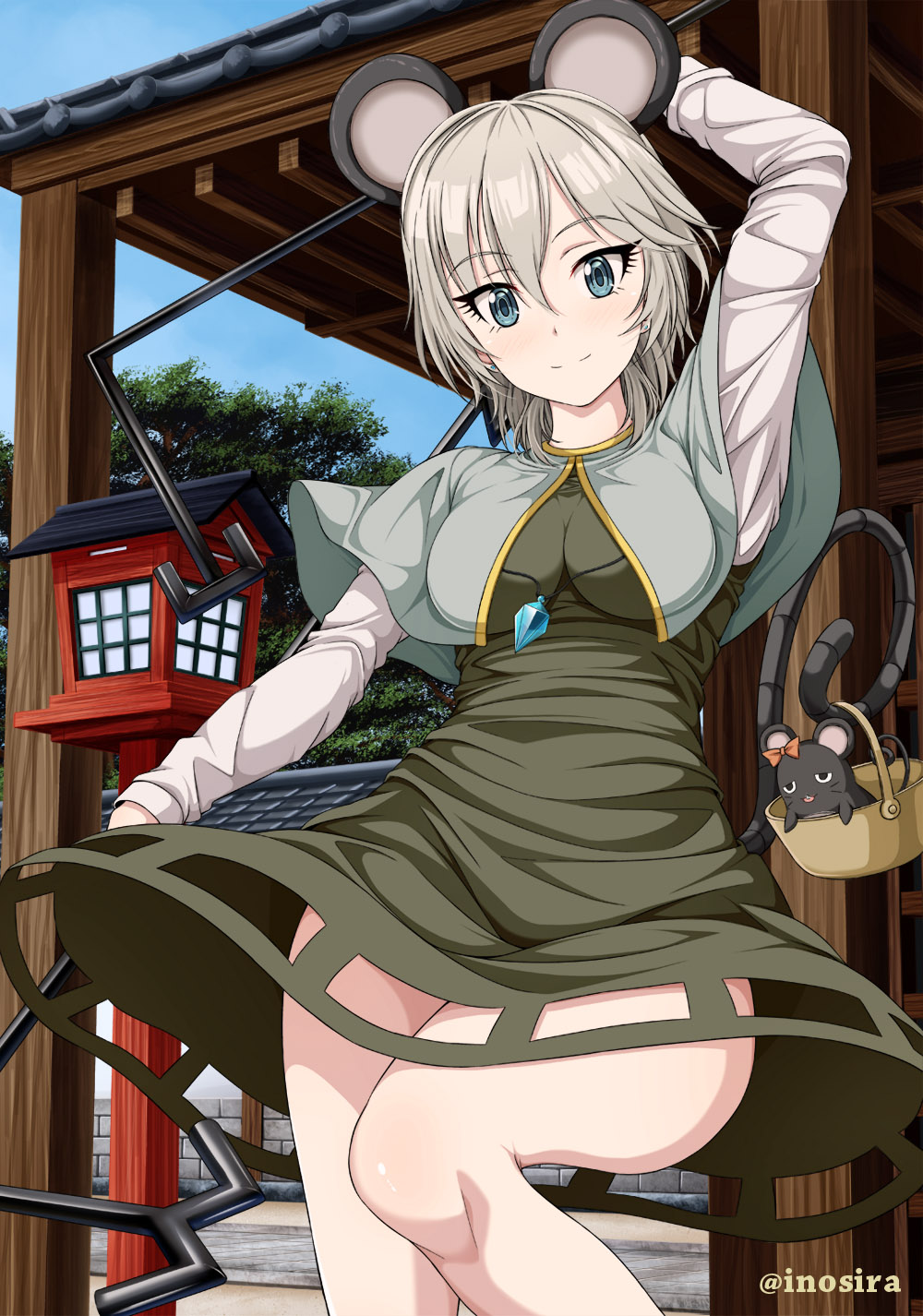 1girl, anastasia_(idolmaster), animal_ears, arm_up, basket, blue_eyes, blue_sky, breasts