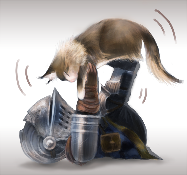 1boy, animal, armor, arms_up, boots, brown_cat, cat, chibi, chosen_undead, dark_souls, gloves, helmet, holding, holding_animal, holding_cat, legs_up, lying, male_focus, motion_lines, nukotama, on_back, pouch, shadow, shoulder_armor, simple_background, souls_(from_software), strap, sweet_shalquoir, tunic, visor_(armor), white_background