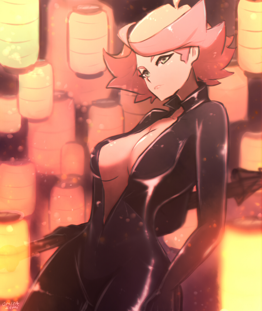 1girl, amanda_o'neill, artist_name, black_bodysuit, bodysuit, breasts, catsuit, center_opening