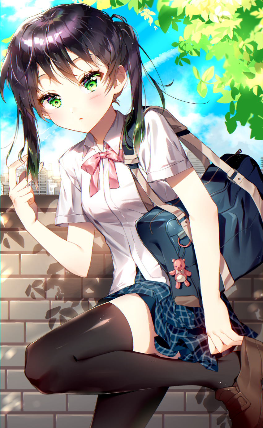 1girl, adjusting_clothes, adjusting_shoe, anata-chan_(love_live!), bag, bag_charm, bangs, bear_charm