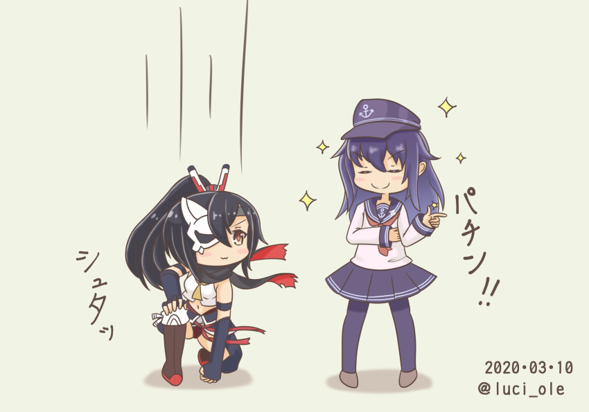 2girls, :3, akatsuki_(azur_lane), akatsuki_(kantai_collection), anchor_symbol, azur_lane, beige_background, black_gloves