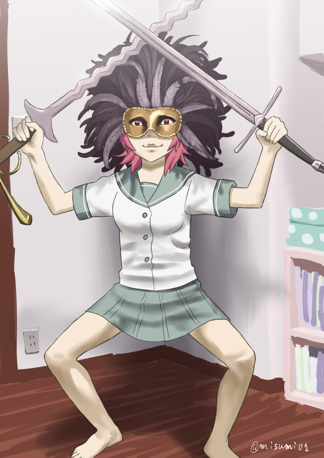 1girl, aqua_skirt, barefoot, buttons, cosplay, crossed_swords, dual_wielding, feather_trim, full_body, highres, holding, holding_sword, holding_weapon, kantai_collection, kinu_(kantai_collection), kishida_mel_(character), kishida_mel_(character)_(cosplay), looking_at_viewer, mask, masquerade_mask, meme_attire, misumi_(niku-kyu), pale_skin, parody, pink_hair, pleated_skirt, red_eyes, redhead, school_uniform, serafuku, shirt, short_hair, short_sleeves, skirt, solo, squatting, standing, sword, twitter_username, weapon, white_shirt