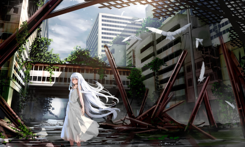 1girl, arms_at_sides, bangs, building, clouds, cloudy_sky, day, dress