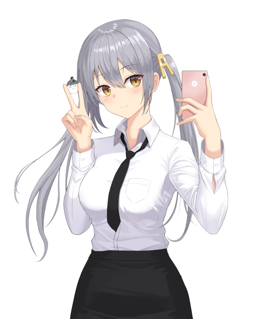 1girl, black_skirt, bow, breasts, brown_eyes, cellphone, doggo34476335, grey_hair