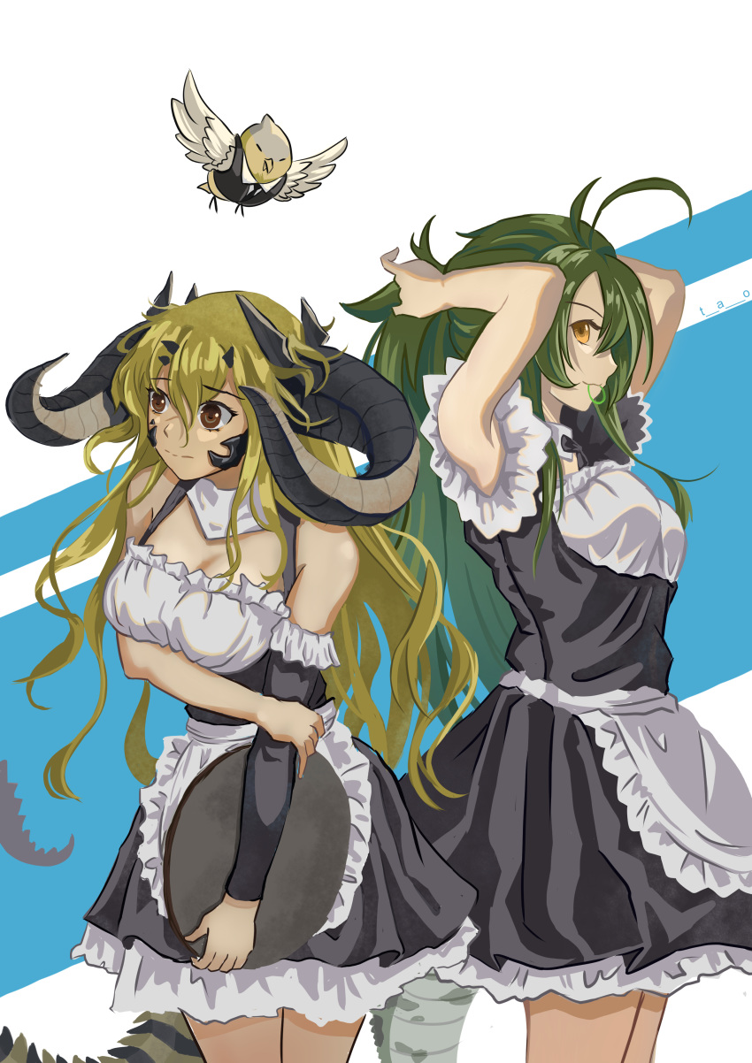 2girls, absurdres, apron, arknights, artist_request, asymmetrical_sleeves, bird, brown_eyes, crocodile_tail, detached_sleeves, estelle_(arknights), gavial_(arknights), green_hair, highres, horns, maid, maid_apron, multiple_girls, tail, the_elder_scrolls, tray, tying_hair, yellow_eyes