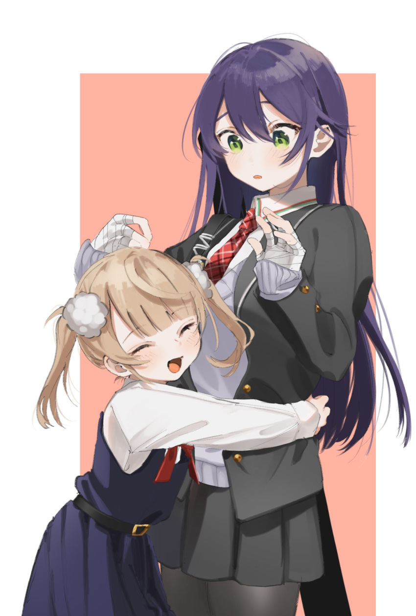 2girls, bandaged_hands, bandages, bangs, belt, black_belt, black_jacket, black_skirt