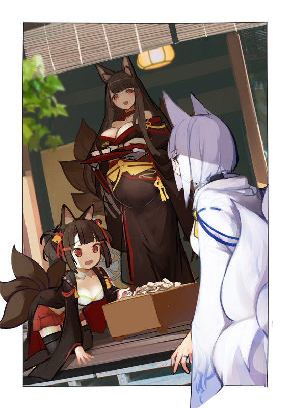 3girls, akagi-chan_(azur_lane), akagi_(azur_lane), animal_ears, azur_lane, black_hair, black_kimono, breasts