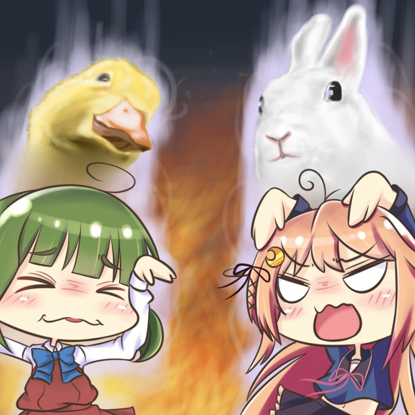 2girls, ahoge, bird, black_sailor_collar, black_skirt, blue_neckwear, blue_shirt, bob_cut, chibi, closed_eyes, commentary_request, cowboy_shot, crescent, crescent_hair_ornament, crescent_moon_pin, dress, duck, fire, green_hair, hair_ornament, hair_ribbon, highres, kantai_collection, long_hair, long_sleeves, luci_ole, multiple_girls, pink_hair, pleated_skirt, pose, rabbit, ribbon, sailor_collar, school_uniform, serafuku, shirt, short_hair, sidelocks, skirt, sleeveless, sleeveless_dress, takanami_(kantai_collection), uzuki_(kantai_collection), white_shirt