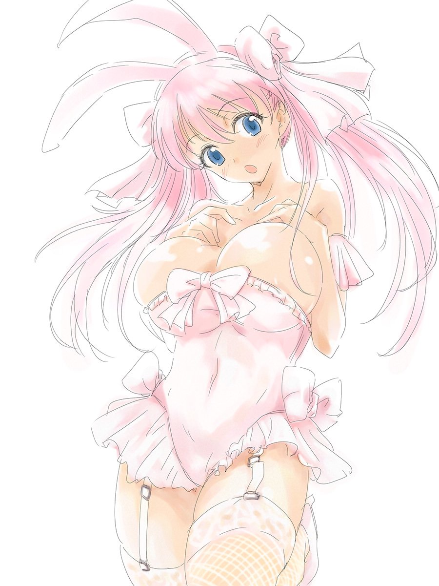 1girl, :o, animal_ears, blue_eyes, bow_in_hair, breasts, frilled_clothing, hands_on_breasts, high_heels, highres, large_breasts, long_hair, looking_at_viewer, michael, open_mouth, pink_clothes, pink_footwear, pink_hair, rabbit_ears, simple_background, solo, thigh-highs, white_background