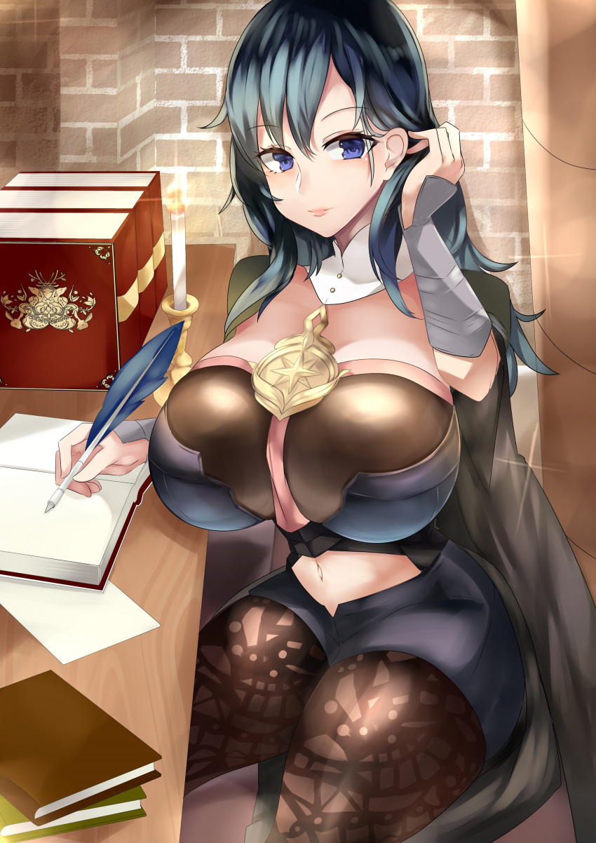 1girl, absurdres, alternate_breast_size, armor, bangs, between_breasts, black_armor, black_cape