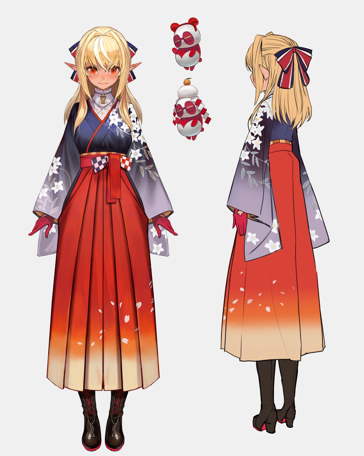 1girl, bangs, blonde_hair, blush, boots, bow, brown_footwear, character_sheet