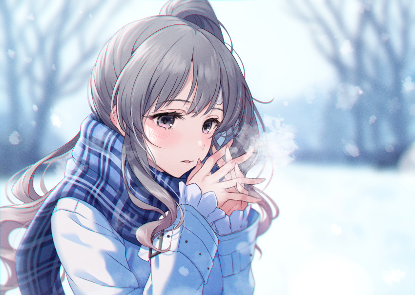 1girl, bandaged_head, bandages, bangs, blush, breath, checkered, checkered_scarf