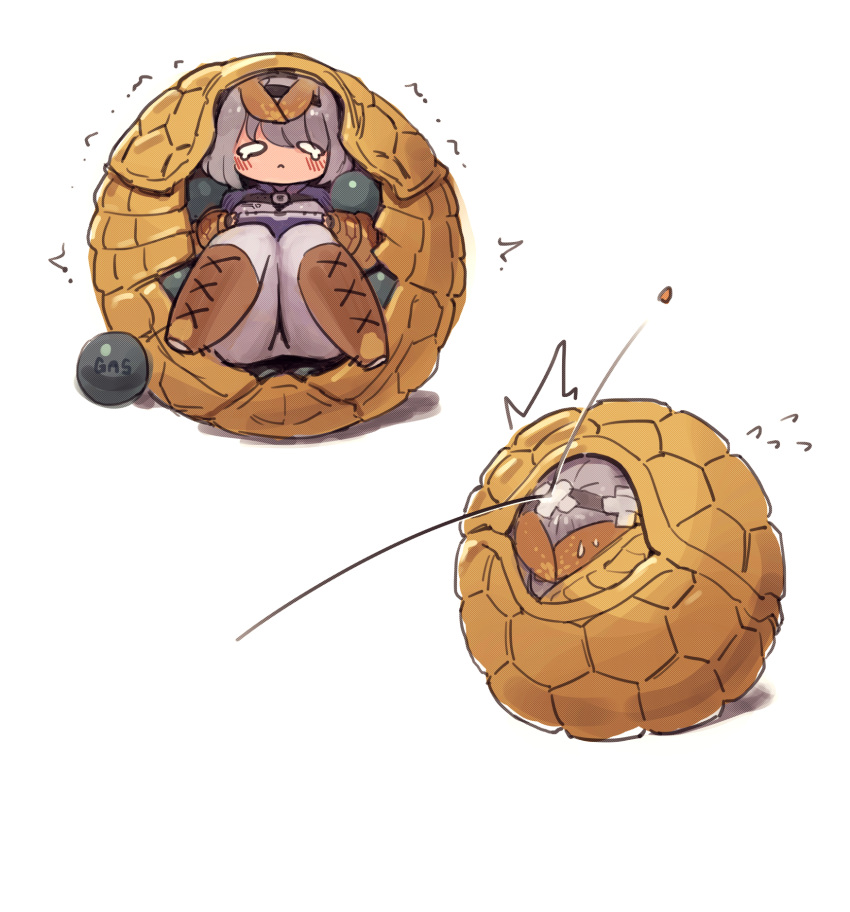 1girl, :<, armadillo_ears, armadillo_shell, bangs, blush, bodysuit, chibi, highres, last_origin, looking_at_viewer, motion_lines, rigor-mortis, saetti, scared, short_hair, silver_hair, simple_background, solo, tearing_up, tears, trembling, white_background