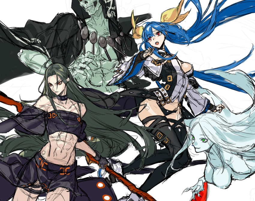 abs, asymmetrical_wings, belt, black_hair, black_legwear, blue_hair, boots, breasts
