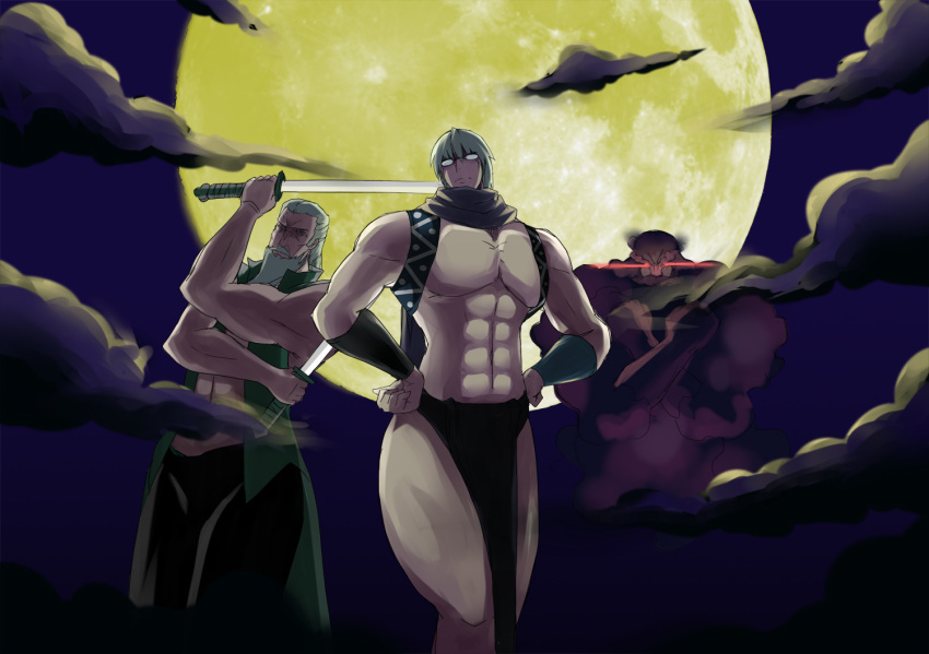 3boys, abs, ariadoszz, bangs, bare_chest, beard, bracelet, clouds