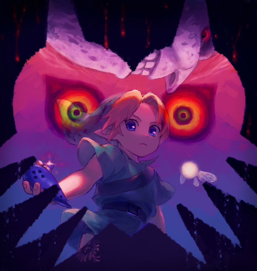 1boy, absurdres, blonde_hair, blue_eyes, glowing, glowing_eyes, green_headwear, green_tunic