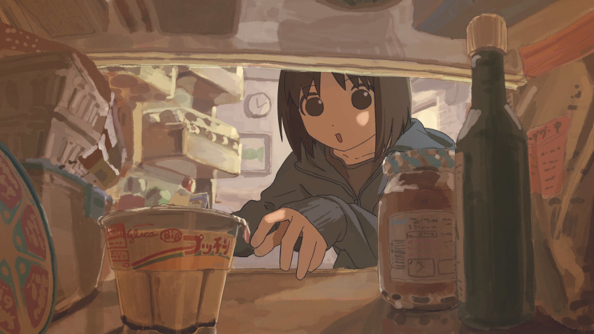 1girl, animal_ears, blue_hoodie, bottle, brown_eyes, brown_hair, clock, food
