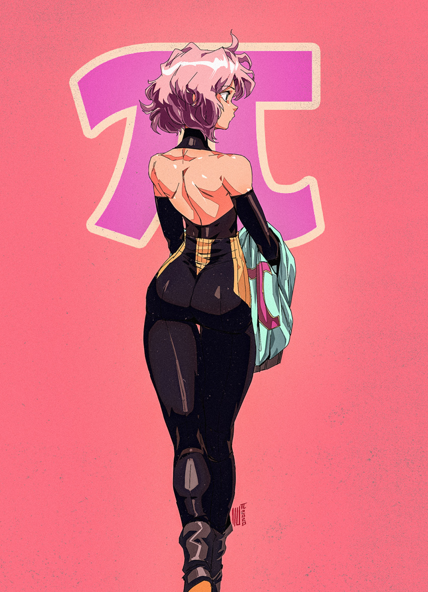 1990s_(style), 1girl, ass, backless_outfit, blue_eyes, boots, commentary, david_liu