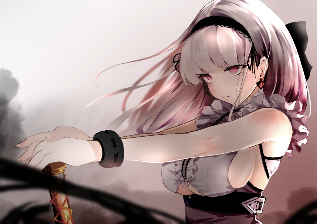1girl, apron, azur_lane, bangs, bare_shoulders, black_hairband, breasts, center_frills