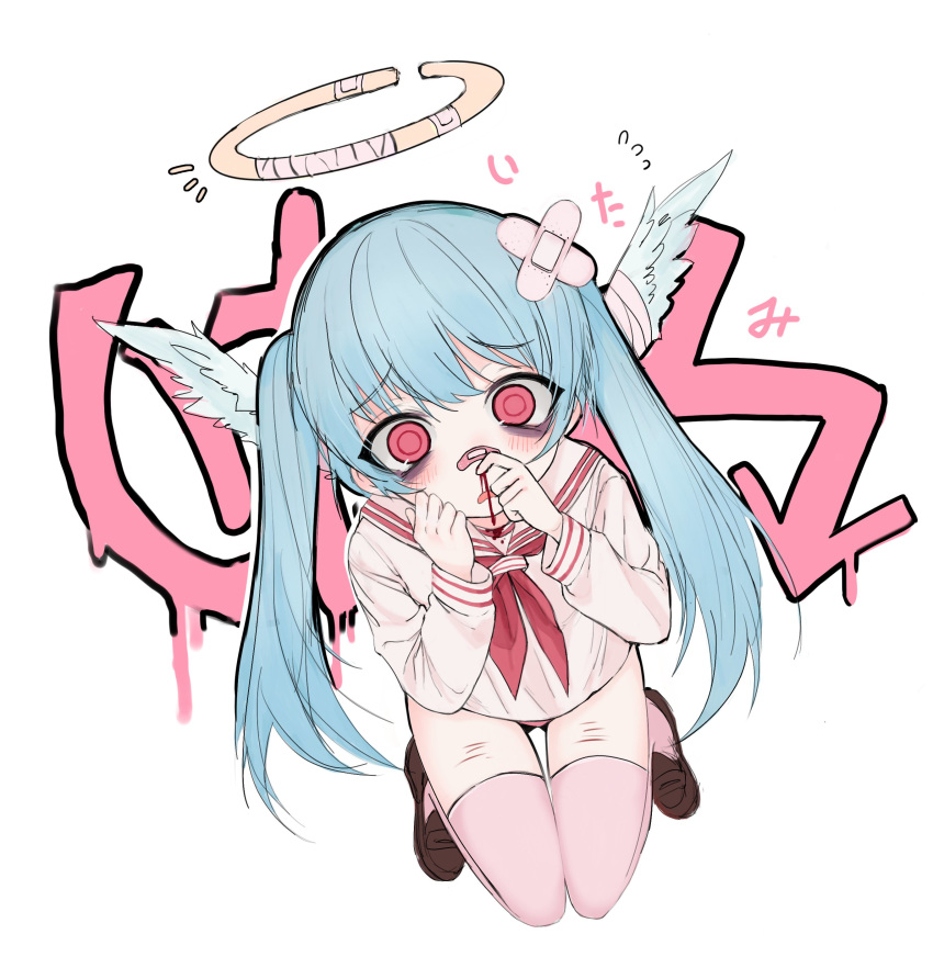 absurdres, bags_under_eyes, bandaged_wings, bandaid, bandaid_on_head, bandaid_on_nose, blood, blue_hair, blush, broken_halo, cuts, eyebrows_visible_through_hair, halo, hand_on_own_face, highres, injury, knees_together_feet_apart, loafers, no_pants, nosebleed, ompf, open_mouth, original, pink_eyes, pink_legwear, sailor_collar, sailor_shirt, shirt, shoes, thigh-highs, twintails, white_background