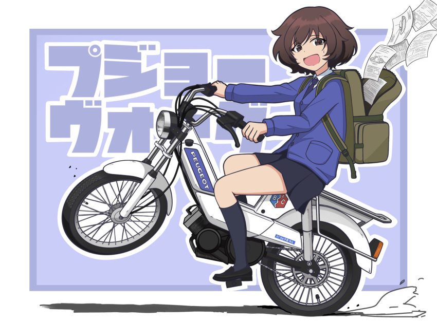 1girl, akiyama_yukari, alternate_costume, background_text, backpack, bag, bangs, bc_freedom_(emblem), bc_freedom_school_uniform, black_legwear, black_skirt, blue_border, blue_neckwear, blue_sweater, border, brown_eyes, brown_footwear, brown_hair, cardigan, commentary, disguise, dress_shirt, emblem, eyebrows_visible_through_hair, girls_und_panzer, ground_vehicle, highres, kano_(nakanotakahiro1029), loafers, logo, long_sleeves, looking_at_viewer, messy_hair, miniskirt, motor_vehicle, motorcycle, necktie, open_mouth, outline, outside_border, paper, peugeot, pleated_skirt, school_uniform, shirt, shoes, short_hair, sitting, skirt, smile, socks, solo, sweatdrop, sweater, translated, wavy_mouth, wheelie, white_outline, white_shirt, wing_collar
