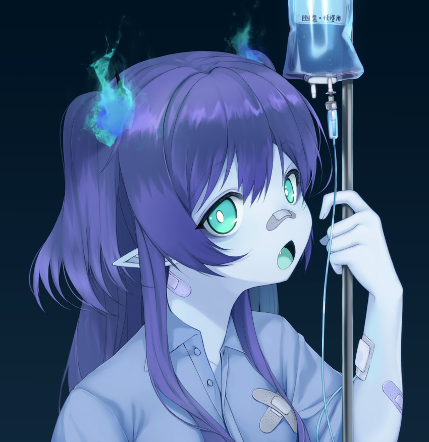 bandaid, bandaid_on_arm, bandaid_on_clothes, bandaid_on_neck, bandaid_on_nose, blue_eyes, blue_hair, blue_skin