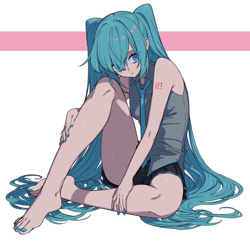 1girl, aqua_eyes, aqua_hair, aqua_neckwear, bare_legs, black_skirt, hair_over_one_eye, hatsune_miku