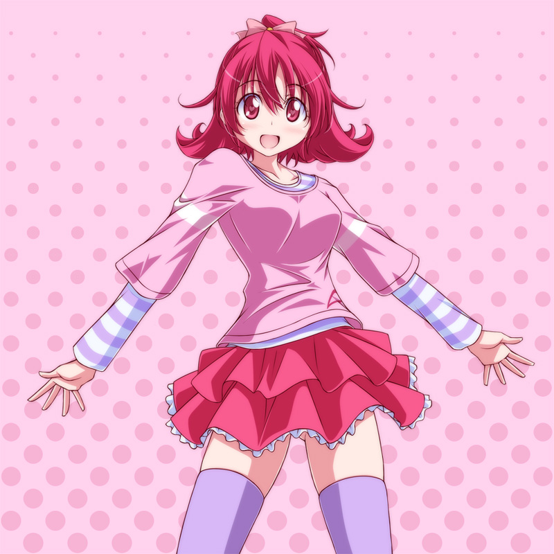 1girl, aida_mana, bangs, dokidoki!_precure, eyebrows_visible_through_hair, frilled_skirt, frills, hair_ribbon, half_updo, hot_deep_pink_eyes, hot_deep_pink_hair, kikuchi_tsutomu, layered_skirt, long_sleeves, looking_at_viewer, medium_hair, miniskirt, open_mouth, pink_background, pink_eyes, pink_hair, pink_ribbon, pink_shirt, pink_skirt, pink_t-shirt, polka_dot, polka_dot_background, precure, purple_legwear, purple_shirt, ribbon, shirt, short_over_long_sleeves, short_sleeves, simple_background, skirt, smile, solo, standing, striped, striped_shirt, t-shirt, thigh-highs