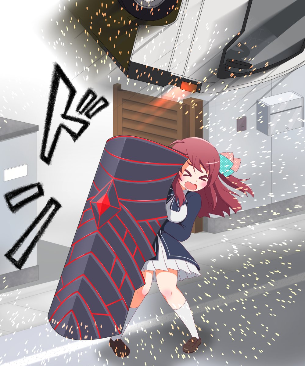 >o<, 1girl, ahoge, bow, brown_footwear, crossover, ground_vehicle, hair_bow, highres, hondo_kaede, itai_no_wa_iya_nano_de_bougyoryoku_ni_kyokufuri_shitai_to_omoimasu, loafers, long_hair, maple_(bofuri), minamoto_sakura, motor_vehicle, oriri, polka_dot, polka_dot_bow, redhead, school_uniform, seiyuu_connection, shield, shoes, side_ponytail, sparks, truck, white_legwear, zombie_land_saga