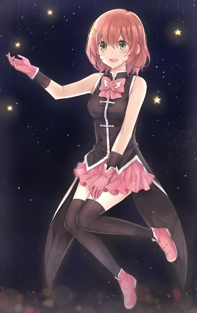 1girl, :d, annabel-m, bare_shoulders, black_legwear, black_vest, blush, bow
