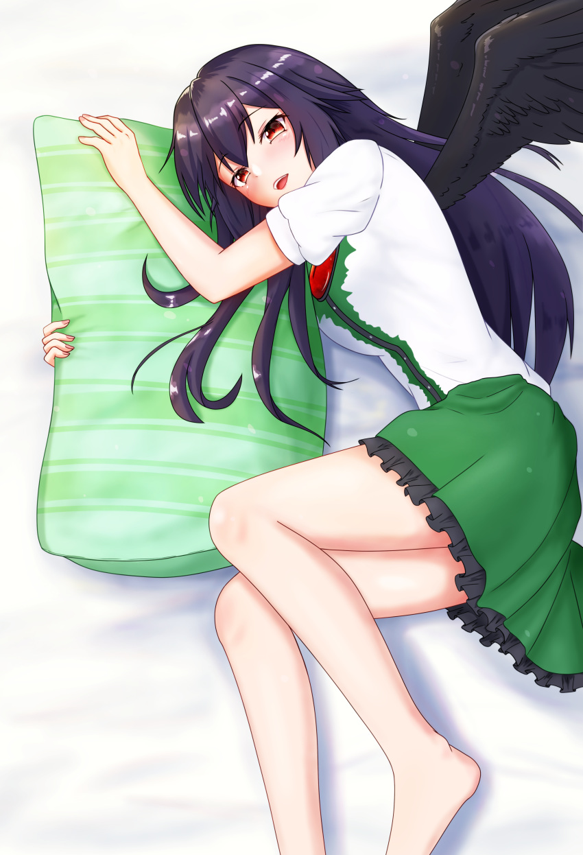absurdres, bare_legs, bare_thighs, barefoot, black_hair, blush, green_skirt, half-closed_eyes