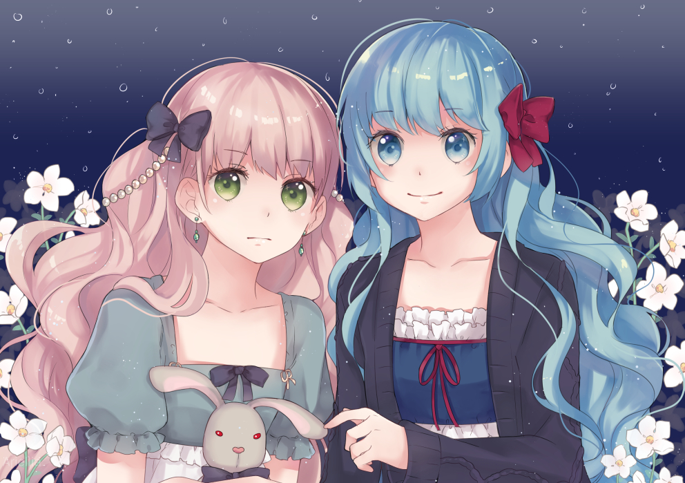 2girls, annabel-m, black_bow, blue_hair, bow, closed_mouth, copyright_request, daisy