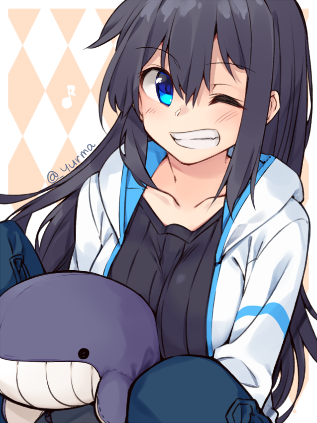 1girl, adyisu, area_aquamarine, argyle, argyle_background, bangs, black_hair, black_shirt