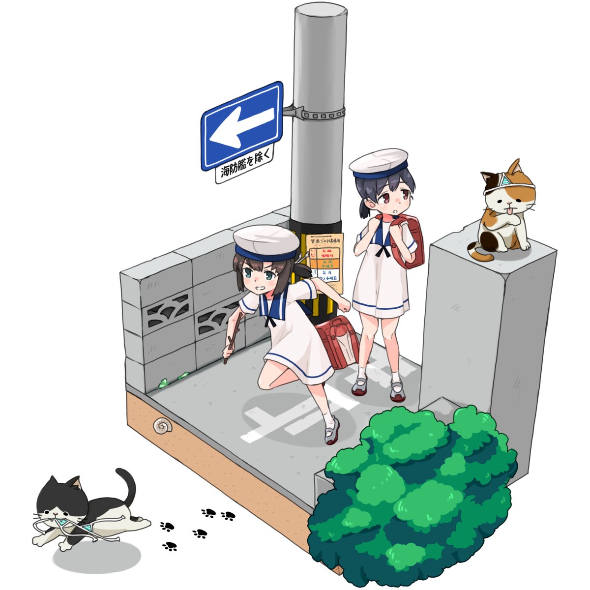 2girls, 2others, alakoala, backpack, bag, black_hair, blue_sailor_collar, bob_cut