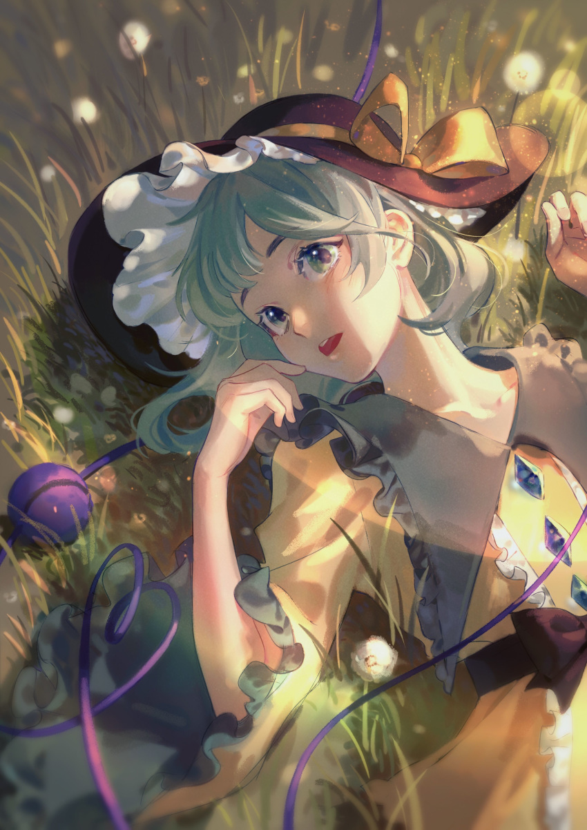 1girl, absurdres, aqua_hair, black_headwear, blush, collared_shirt, commentary, dandelion